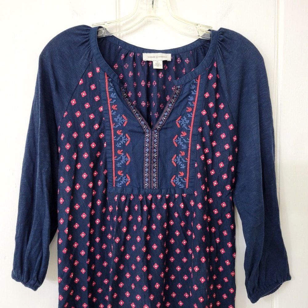 Vintage America Navy Jersey Embroidered Peasant Blouse - Picture 2 of 5
